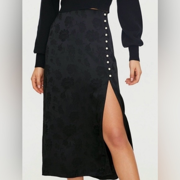 Aritzia Dresses & Skirts - ARITZIA WILFRED Baroque Skirt Jacquard Satin Pearl Button Slip Midi Black small